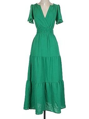 Flutter Sleeve Green Tiered Maxi Dress with Shirred Waist
